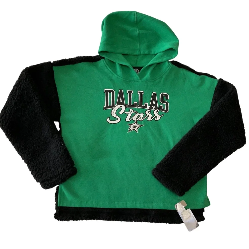 NHL Dallas Stars Green Black Plush Fleece Sherpa‎ Mixed Media Pullover Hoodie XL